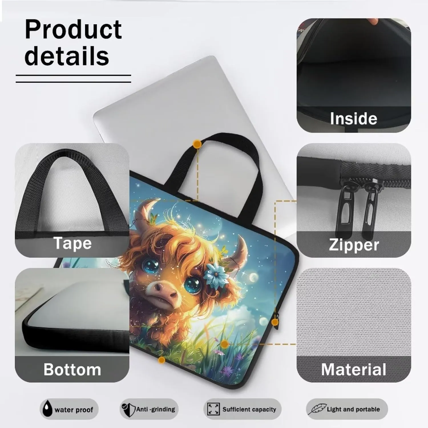 Cute Cattle Laptop Bag Briefcase for Women Men Portable Computer Messenger Bag Handbag Carrying Case for Office Travel Business, 15 Inch Portable Laptop Case with Handle
