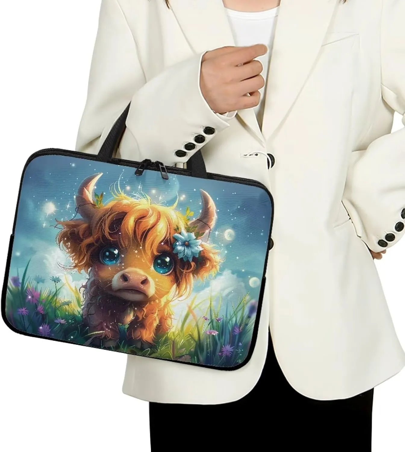 Cute Cattle Laptop Bag Briefcase for Women Men Portable Computer Messenger Bag Handbag Carrying Case for Office Travel Business, 15 Inch Portable Laptop Case with Handle