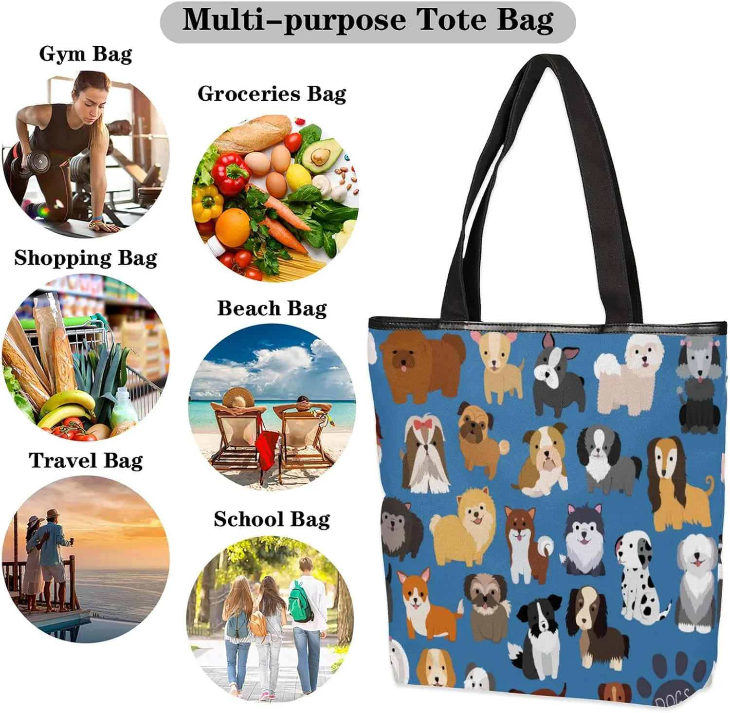 Cute Dog Pattern Canvas Tote Bag, Eco Friendly Reusable Grocery & Beach Bag With Zipper Inner Pocket for Women & Girls