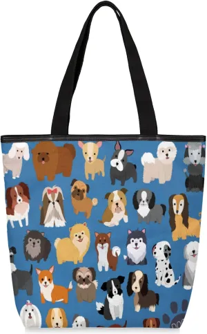 Cute Dog Pattern Canvas Tote Bag, Eco Friendly Reusable Grocery & Beach Bag With Zipper Inner Pocket for Women & Girls