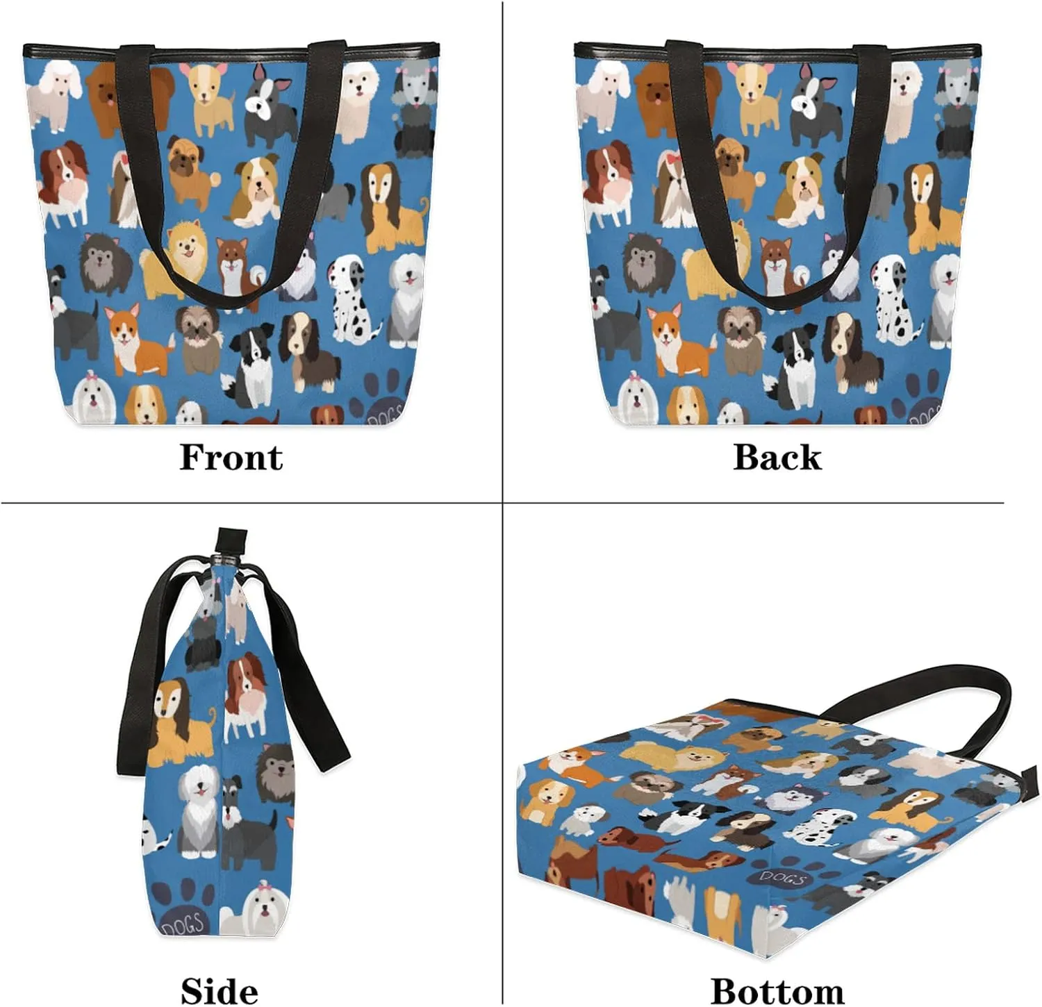 Cute Dog Pattern Canvas Tote Bag, Eco Friendly Reusable Grocery & Beach Bag With Zipper Inner Pocket for Women & Girls