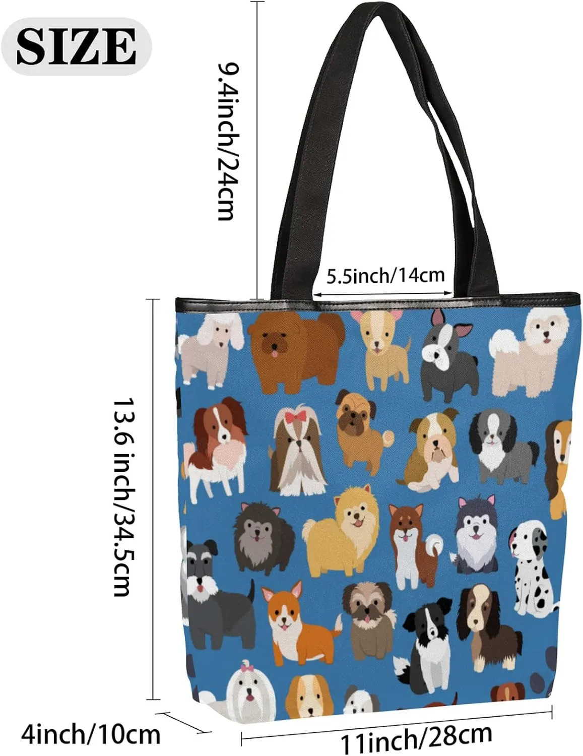 Cute Dog Pattern Canvas Tote Bag, Eco Friendly Reusable Grocery & Beach Bag With Zipper Inner Pocket for Women & Girls