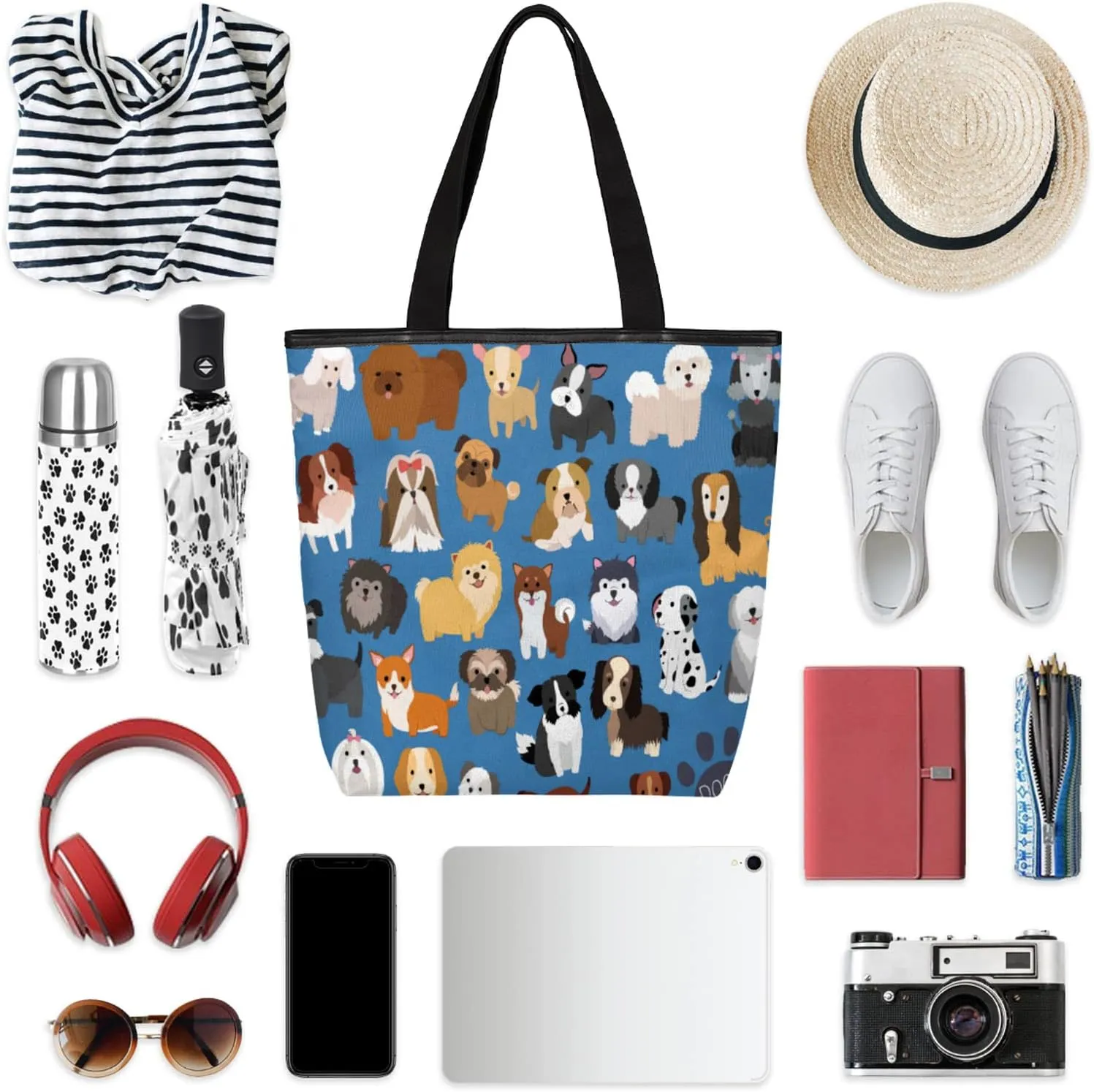 Cute Dog Pattern Canvas Tote Bag, Eco Friendly Reusable Grocery & Beach Bag With Zipper Inner Pocket for Women & Girls