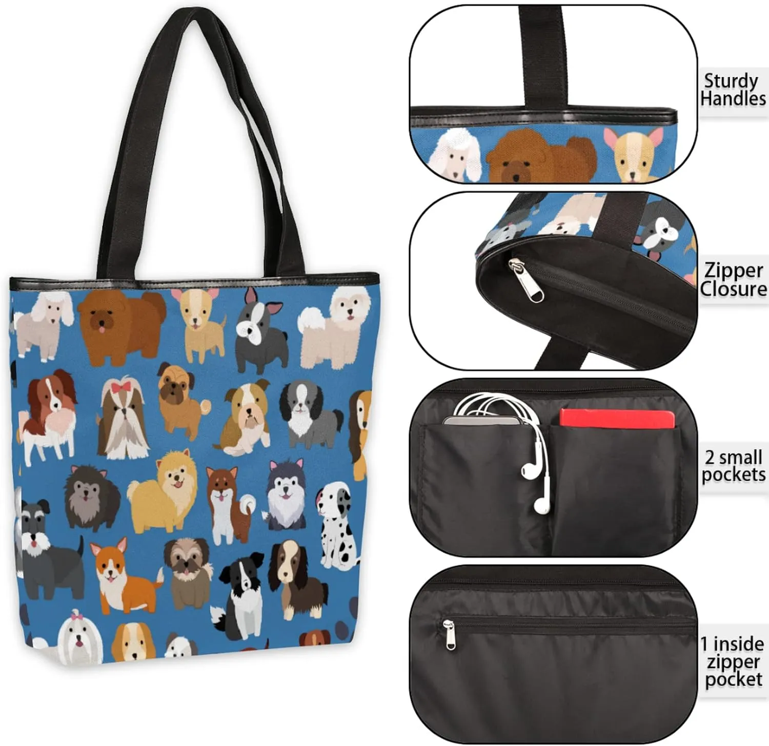 Cute Dog Pattern Canvas Tote Bag, Eco Friendly Reusable Grocery & Beach Bag With Zipper Inner Pocket for Women & Girls