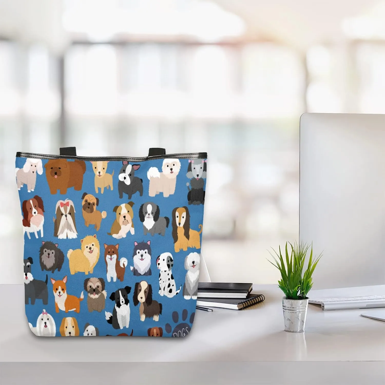 Cute Dog Pattern Canvas Tote Bag, Eco Friendly Reusable Grocery & Beach Bag With Zipper Inner Pocket for Women & Girls
