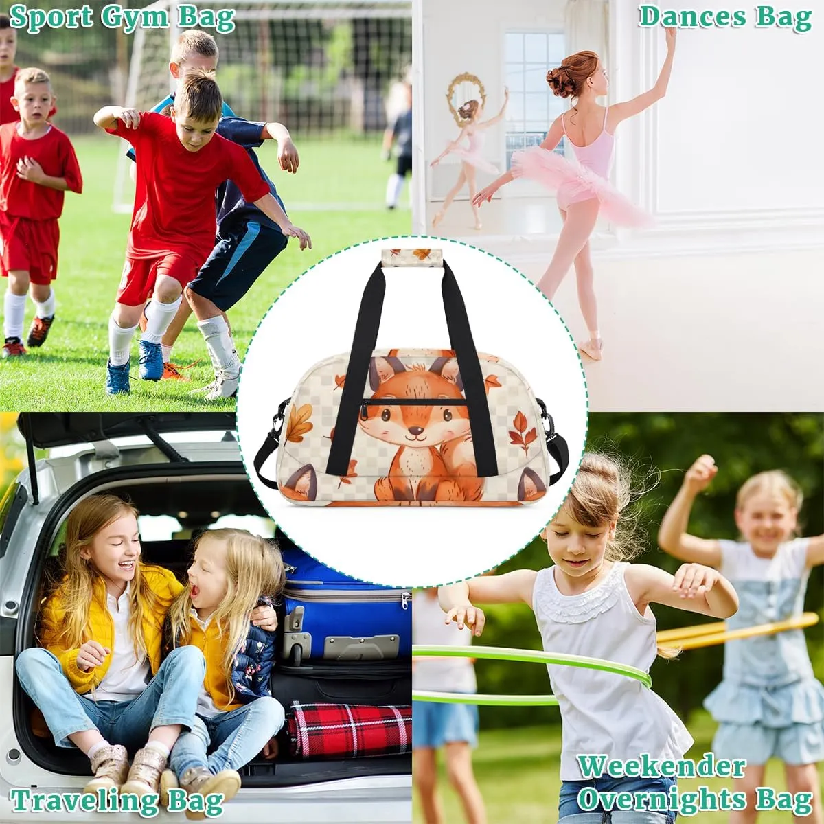 Cute Fox Boys Girls Gym Bag Dance Perform Training Duffel Bags Weekender Carry-On Tote Luggage Bag Ideal for School Practice or Overnight Trips Fox
