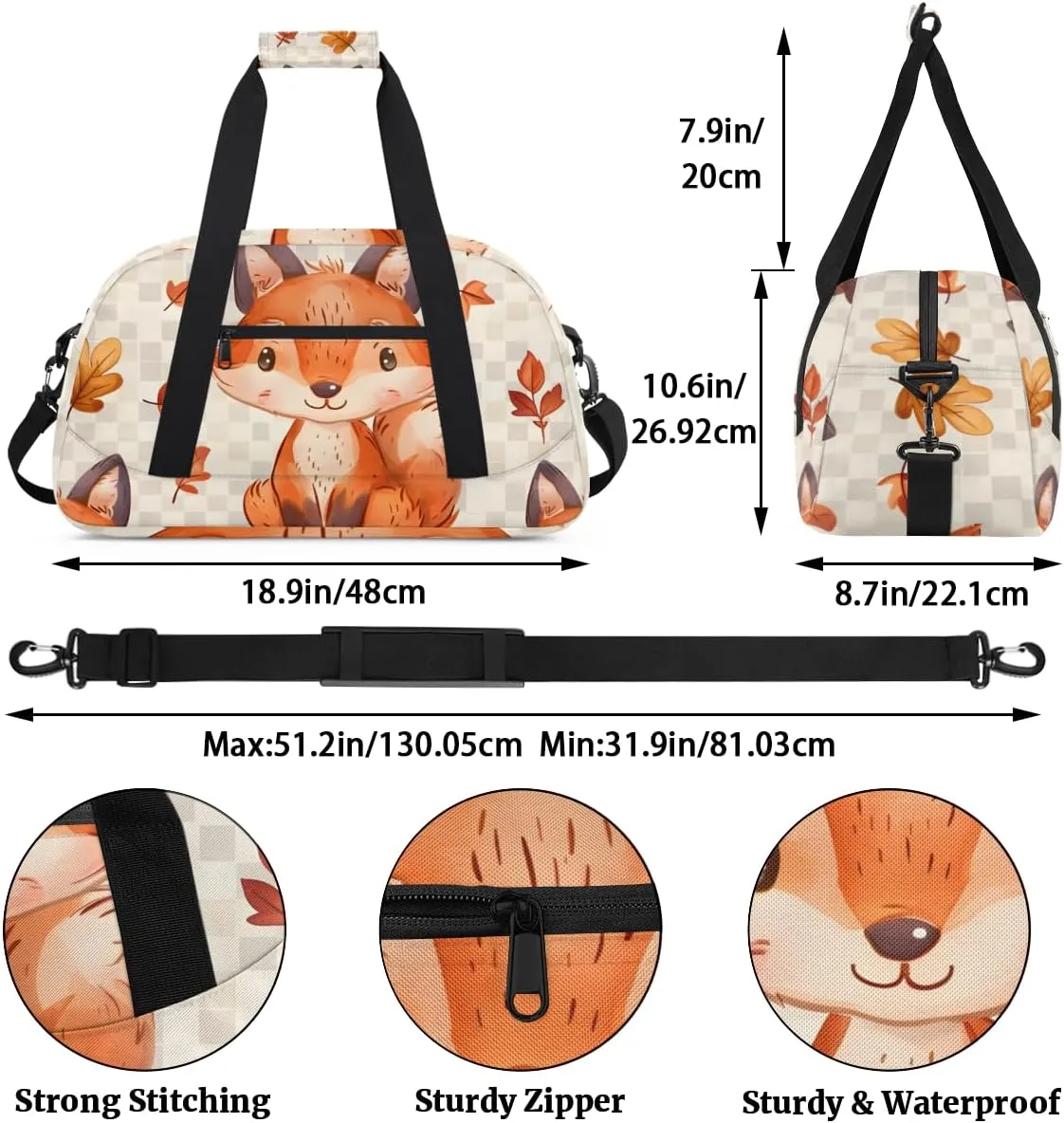 Cute Fox Boys Girls Gym Bag Dance Perform Training Duffel Bags Weekender Carry-On Tote Luggage Bag Ideal for School Practice or Overnight Trips Fox