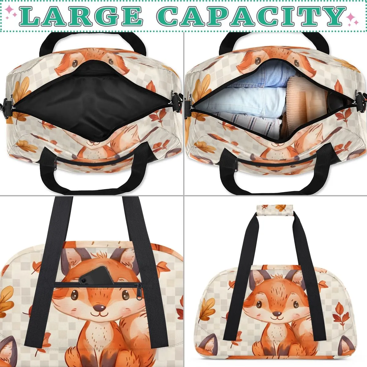 Cute Fox Boys Girls Gym Bag Dance Perform Training Duffel Bags Weekender Carry-On Tote Luggage Bag Ideal for School Practice or Overnight Trips Fox