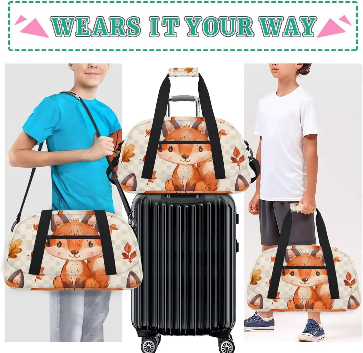 Cute Fox Boys Girls Gym Bag Dance Perform Training Duffel Bags Weekender Carry-On Tote Luggage Bag Ideal for School Practice or Overnight Trips Fox