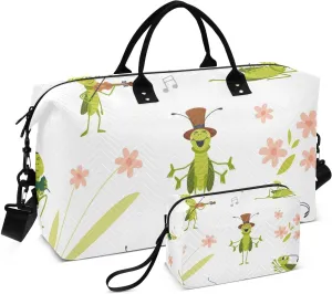 Cute Grasshopper Pattern Duffle Bags for Women Men Waterproof Weekender Overnight Bags Hospital Bag Large Tote Bag with Toiletry Bag for Yoga Gym Travel Sport Hospital