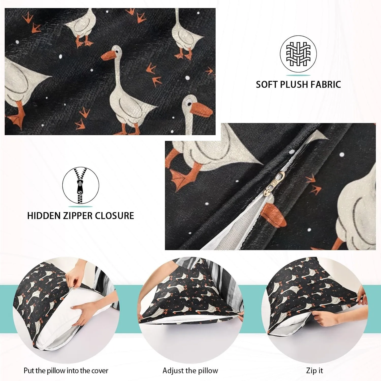 Cute Grey Gooses Pattern Plush Bed Pillow Cases, Queen Pillow Cases, with Side Opening Zipper, Soft Pillow Case, 4 Optional Sizes
