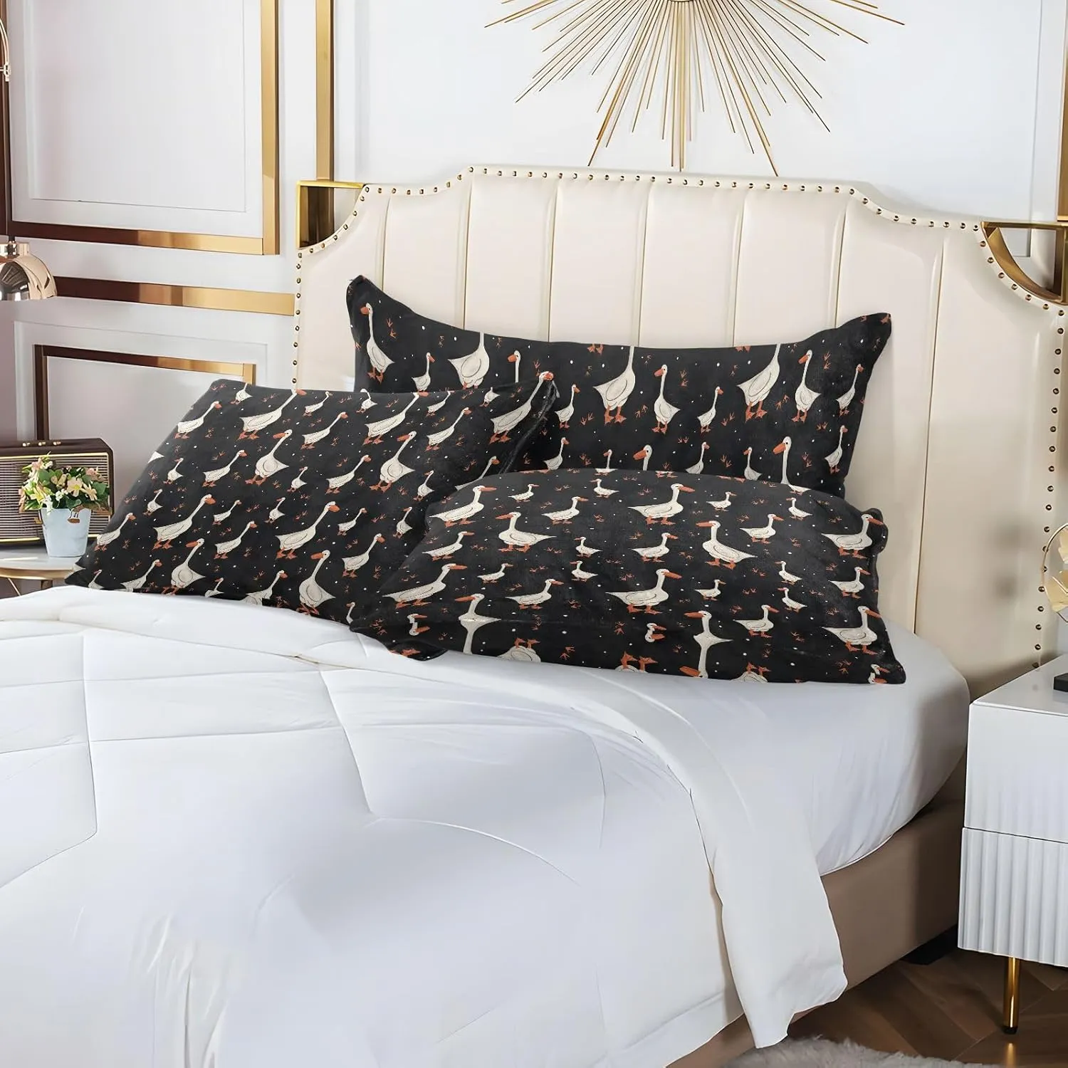 Cute Grey Gooses Pattern Plush Bed Pillow Cases, Queen Pillow Cases, with Side Opening Zipper, Soft Pillow Case, 4 Optional Sizes