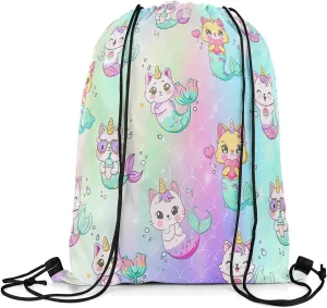 Cute Mermaid Drawstring Backpack,13"x15.7" inch Unicorn Cat Drawstring Bag,Rainbow Mermaid Draw String Back Bag,Cats Kitten Scales String Backpack for Sport Gym Swim