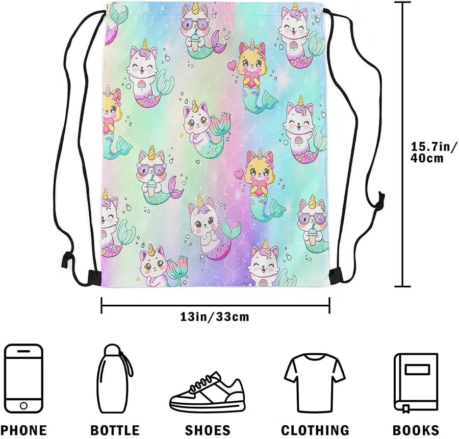 Cute Mermaid Drawstring Backpack,13"x15.7" inch Unicorn Cat Drawstring Bag,Rainbow Mermaid Draw String Back Bag,Cats Kitten Scales String Backpack for Sport Gym Swim