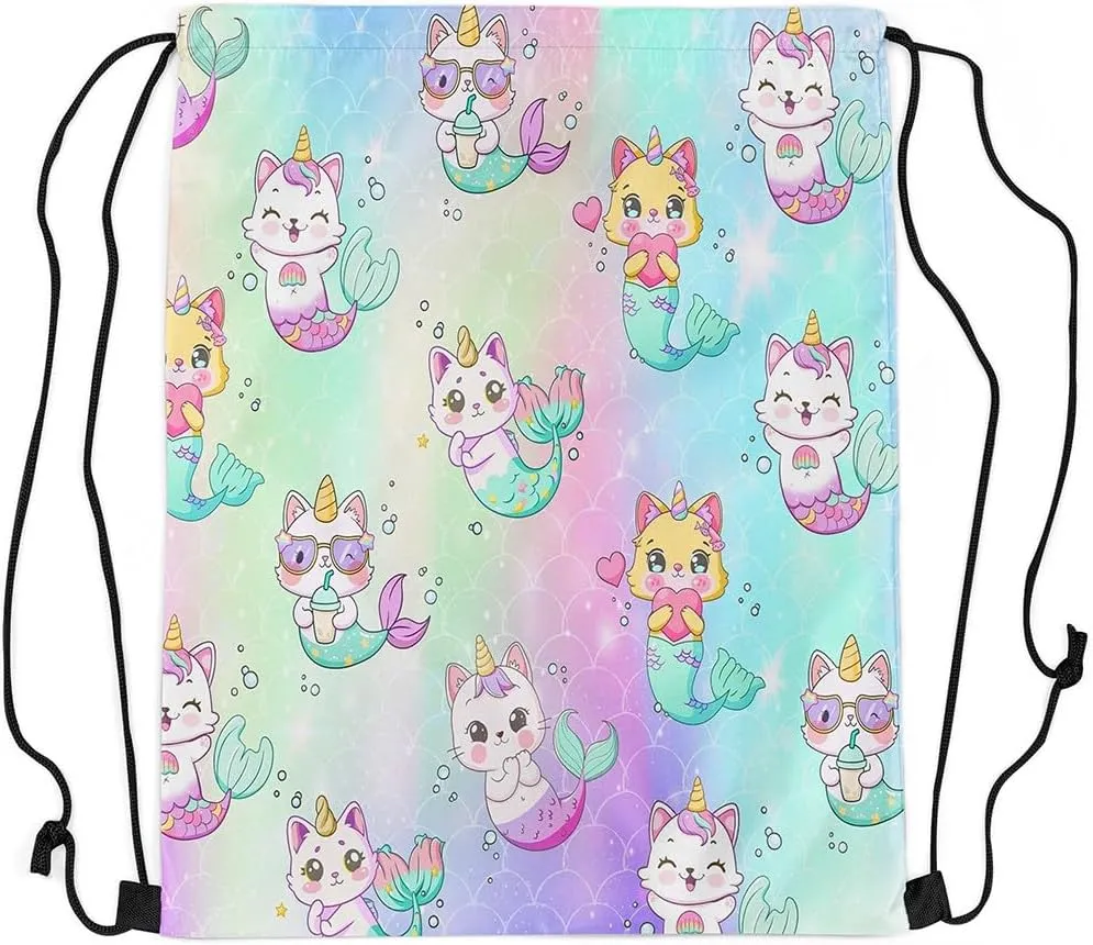 Cute Mermaid Drawstring Backpack,13"x15.7" inch Unicorn Cat Drawstring Bag,Rainbow Mermaid Draw String Back Bag,Cats Kitten Scales String Backpack for Sport Gym Swim