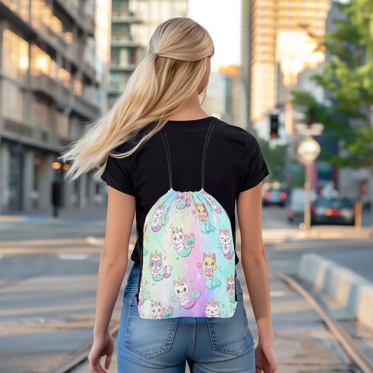 Cute Mermaid Drawstring Backpack,13"x15.7" inch Unicorn Cat Drawstring Bag,Rainbow Mermaid Draw String Back Bag,Cats Kitten Scales String Backpack for Sport Gym Swim