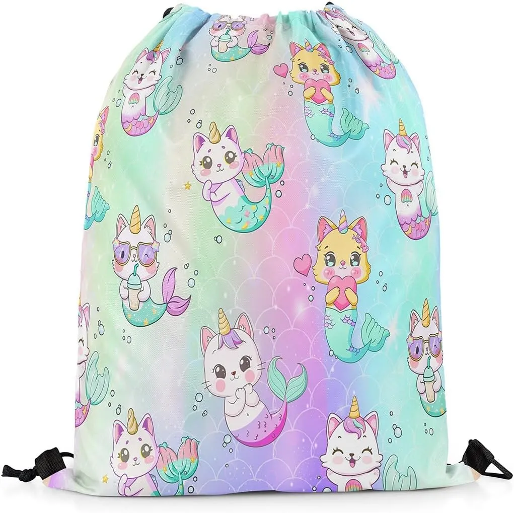 Cute Mermaid Drawstring Backpack,13"x15.7" inch Unicorn Cat Drawstring Bag,Rainbow Mermaid Draw String Back Bag,Cats Kitten Scales String Backpack for Sport Gym Swim