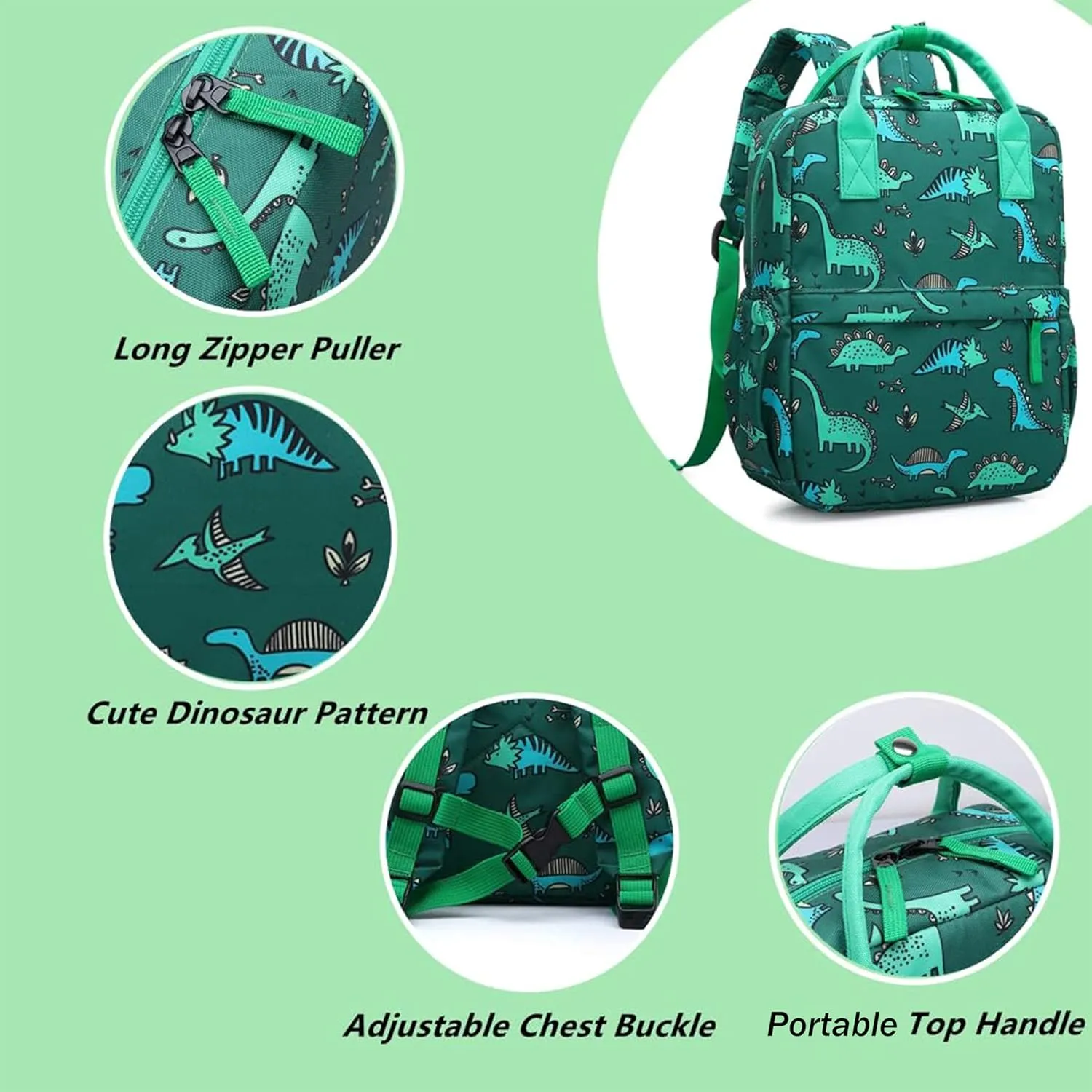 Cute Preschool Backpack Toddler School Book Bag for Girls Boys Kids Kindergarten Nursery Travel Bag with Chest Strap(12inch, Green Dinosaur)