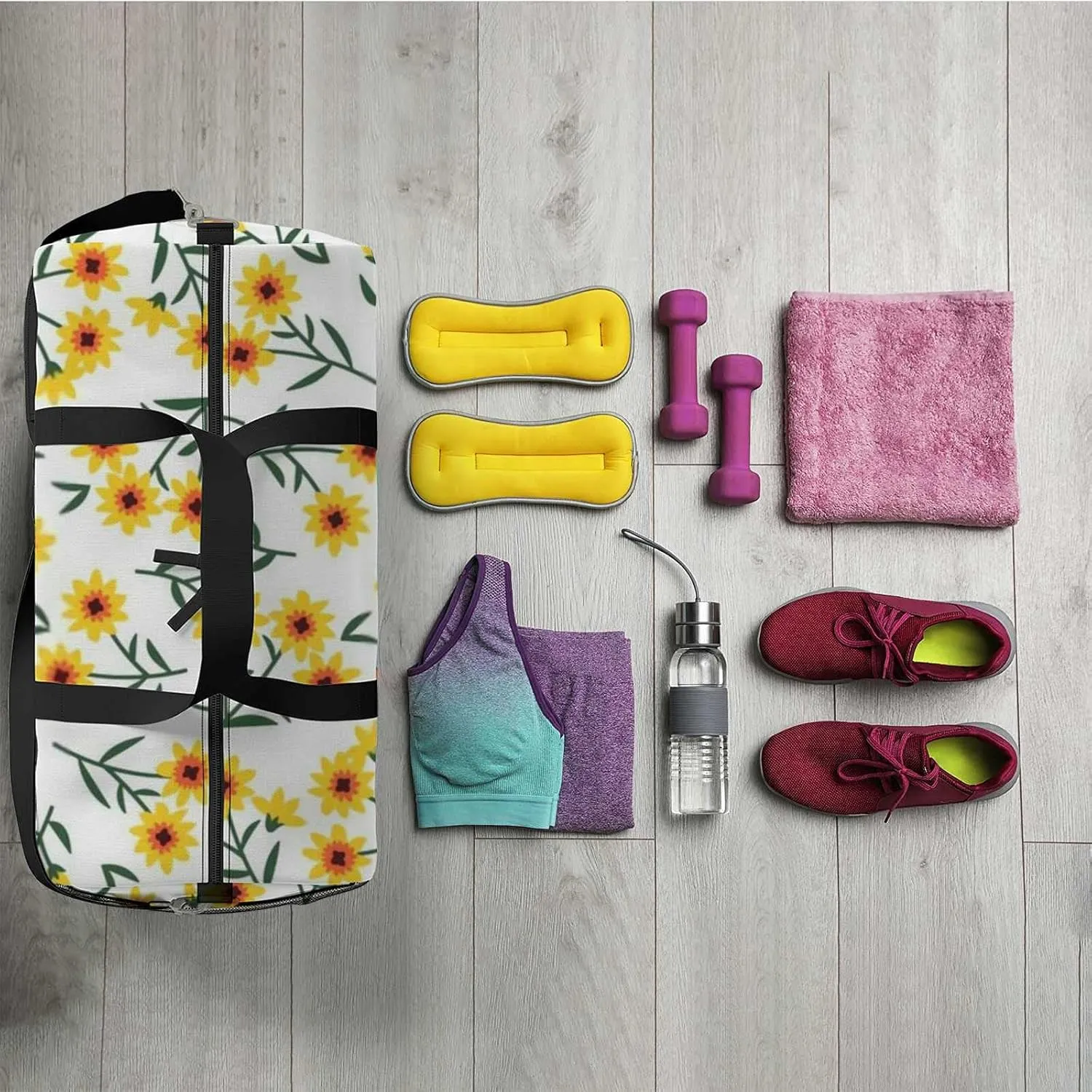 Cute Yellow Small Sunflowers Sports Duffel Bag Travel Gym Tote Bags Lightweight Durable Shoulder Strap Waterproof Polyester Outside Mesh Pocket Overnight Trip Duffel Bag for Women Men