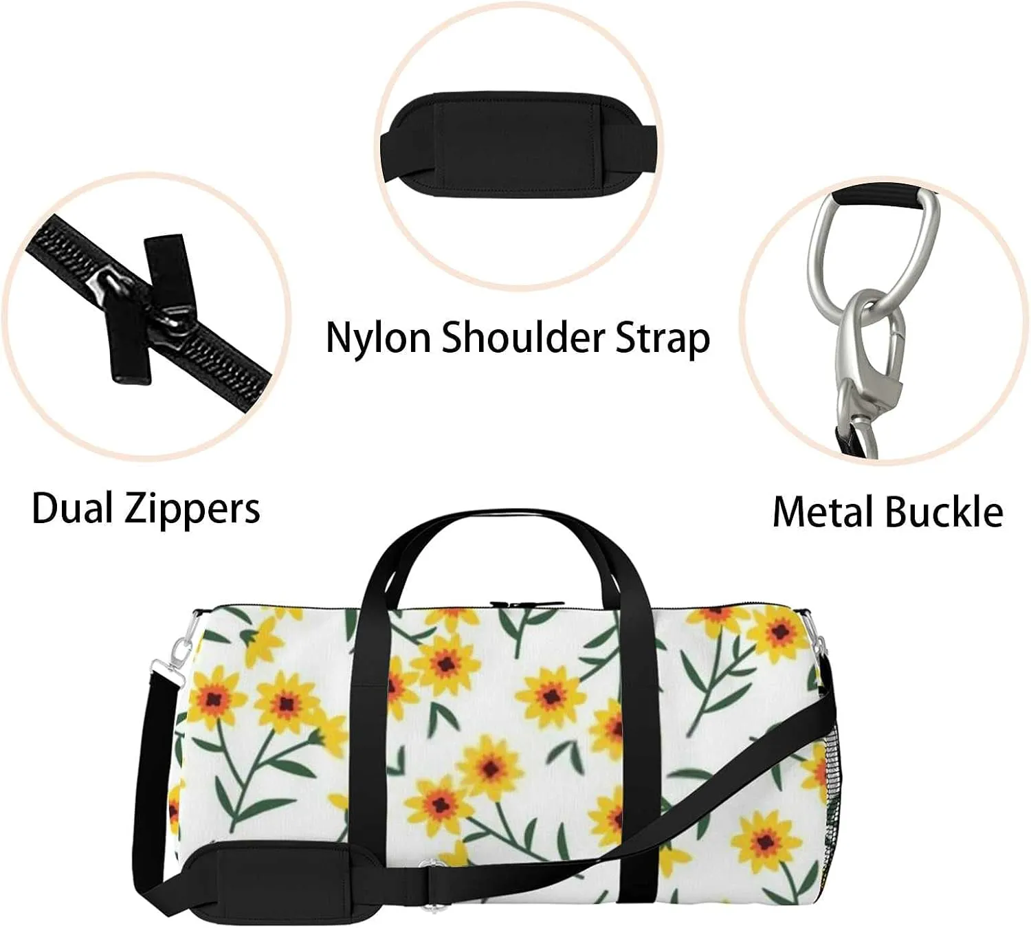 Cute Yellow Small Sunflowers Sports Duffel Bag Travel Gym Tote Bags Lightweight Durable Shoulder Strap Waterproof Polyester Outside Mesh Pocket Overnight Trip Duffel Bag for Women Men