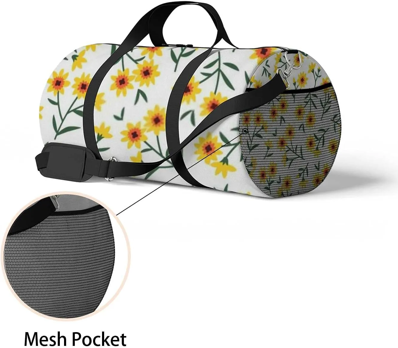 Cute Yellow Small Sunflowers Sports Duffel Bag Travel Gym Tote Bags Lightweight Durable Shoulder Strap Waterproof Polyester Outside Mesh Pocket Overnight Trip Duffel Bag for Women Men