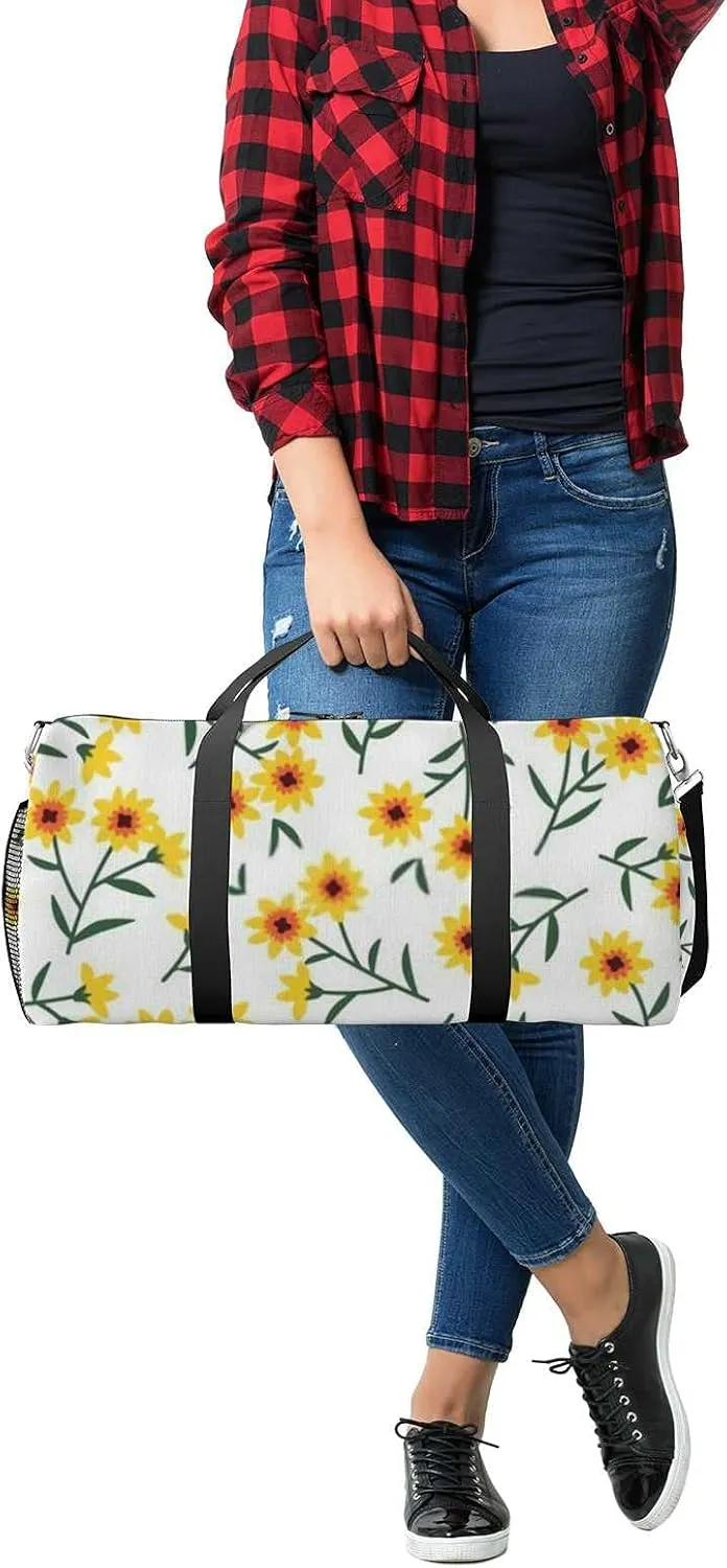 Cute Yellow Small Sunflowers Sports Duffel Bag Travel Gym Tote Bags Lightweight Durable Shoulder Strap Waterproof Polyester Outside Mesh Pocket Overnight Trip Duffel Bag for Women Men