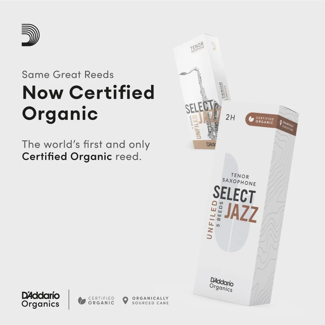 D'Addario Organic Select Jazz Unfiled Sax 3 Medium, 5 Pack Tenor Saxophone Reeds (ORRS05TSX3M)