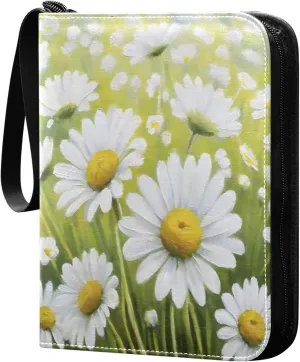 Daisies Painting Card Binder 4-Pocket, 400 Pockets PU Waterproof Zippered Collector Card Album with 50 Removable Sleeves for Trading, Game Cards
