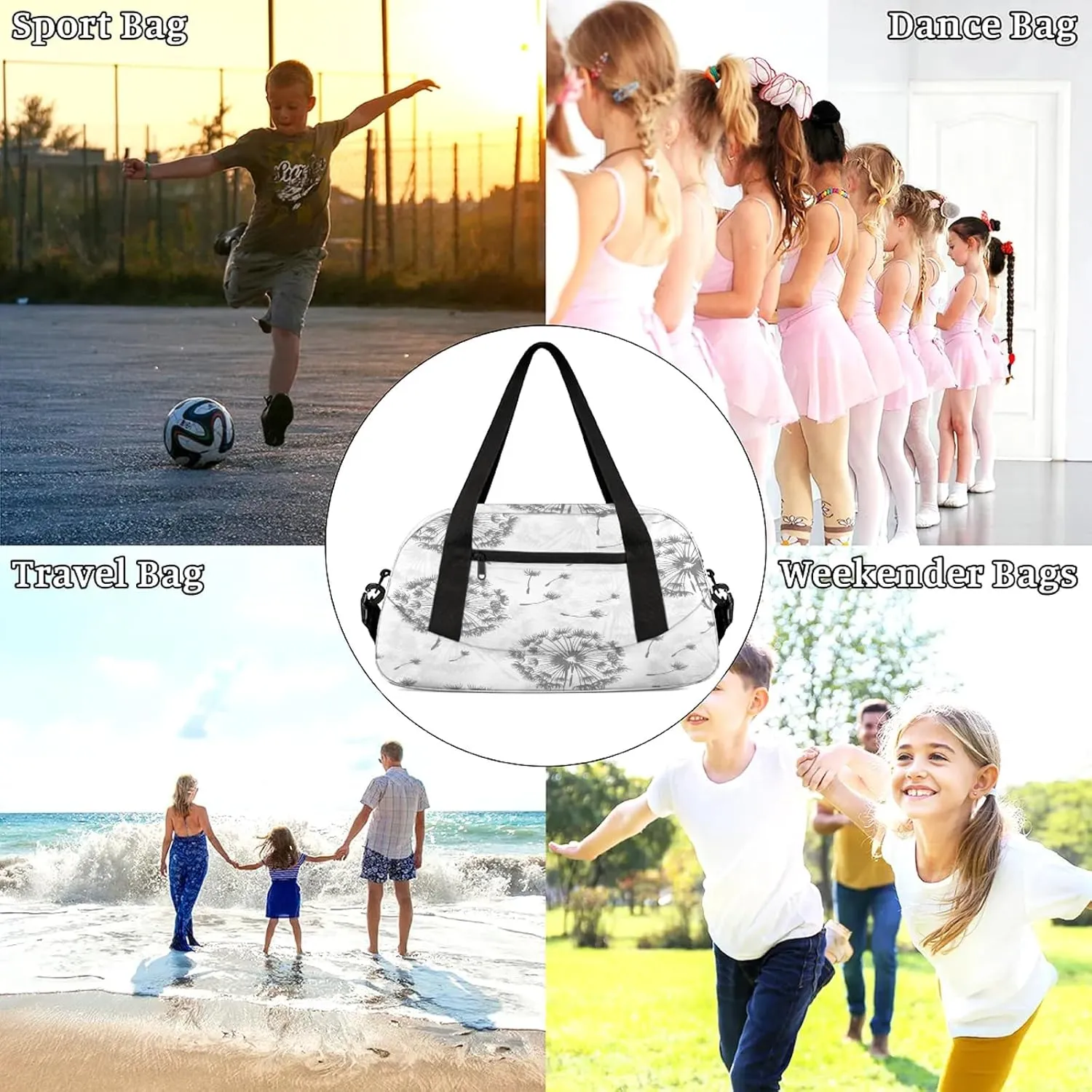 Dandelion Pattern Kids Duffel Bag Lightweight Waterproof Sports Gym Bag with Front Zipper Pocket Foldable Weekender Overnight Bag for School Practice Gymnastic Ballet