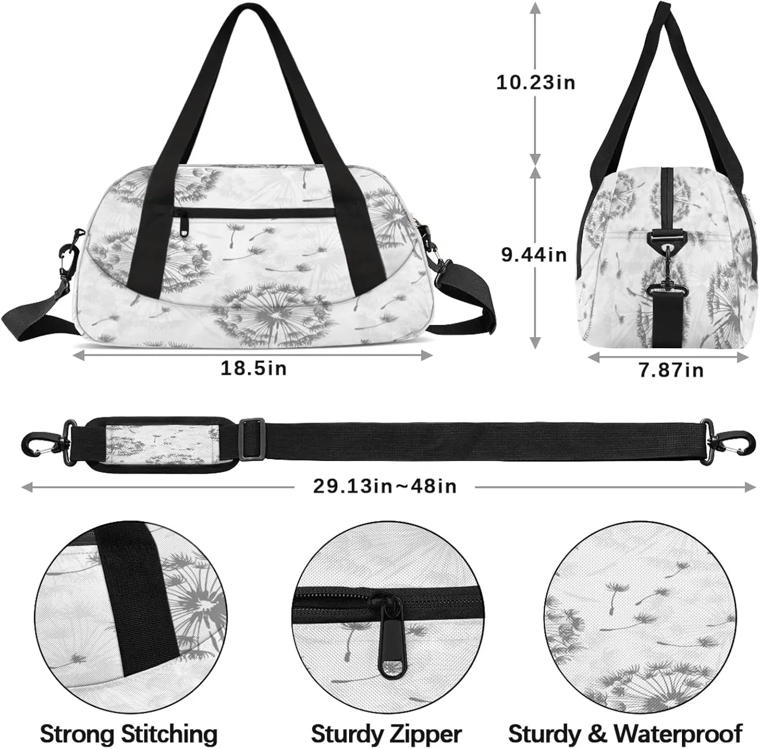 Dandelion Pattern Kids Duffel Bag Lightweight Waterproof Sports Gym Bag with Front Zipper Pocket Foldable Weekender Overnight Bag for School Practice Gymnastic Ballet