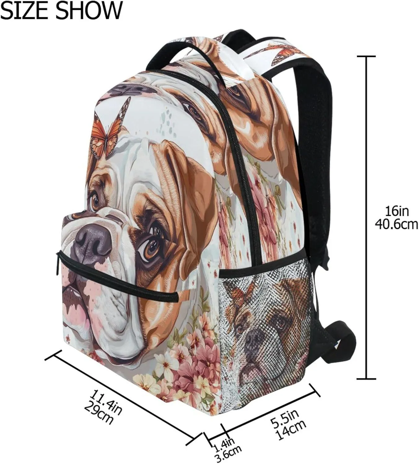 Day Backpack for Unisex Adult Waterproof School Bag with Chest Strap for College Work Art Bulldog Dogs White