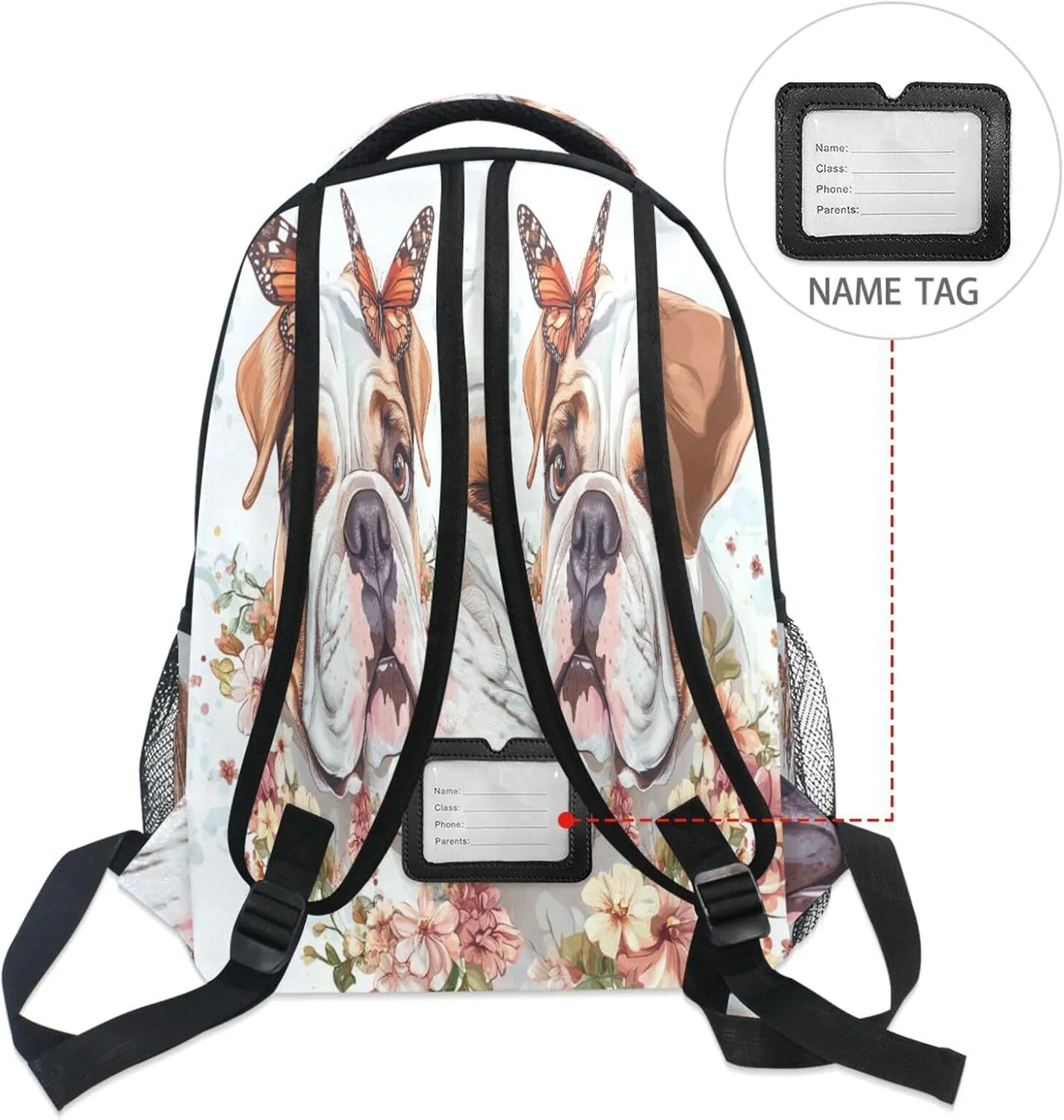 Day Backpack for Unisex Adult Waterproof School Bag with Chest Strap for College Work Art Bulldog Dogs White