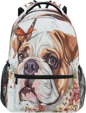 Day Backpack for Unisex Adult Waterproof School Bag with Chest Strap for College Work Art Bulldog Dogs White