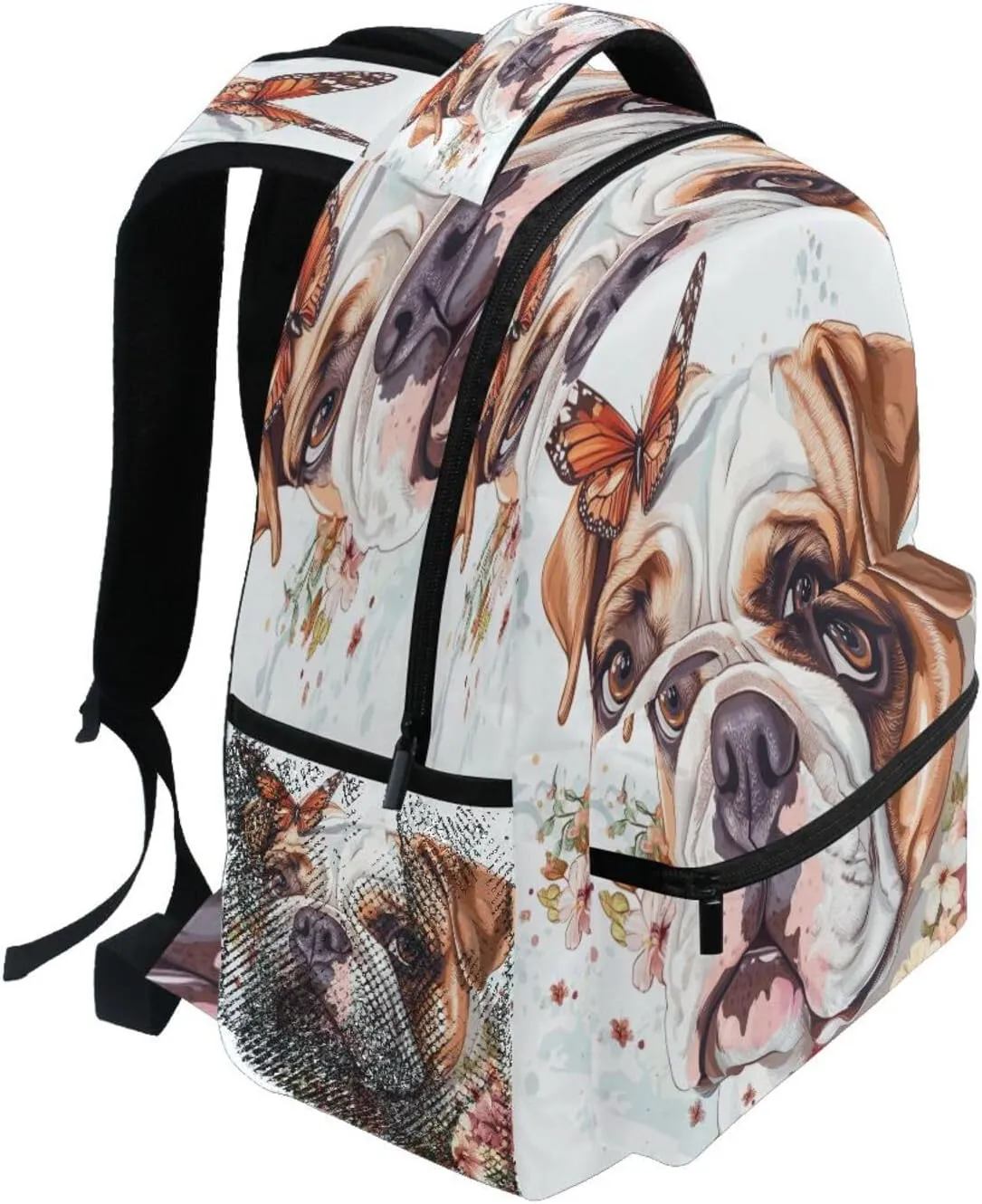 Day Backpack for Unisex Adult Waterproof School Bag with Chest Strap for College Work Art Bulldog Dogs White