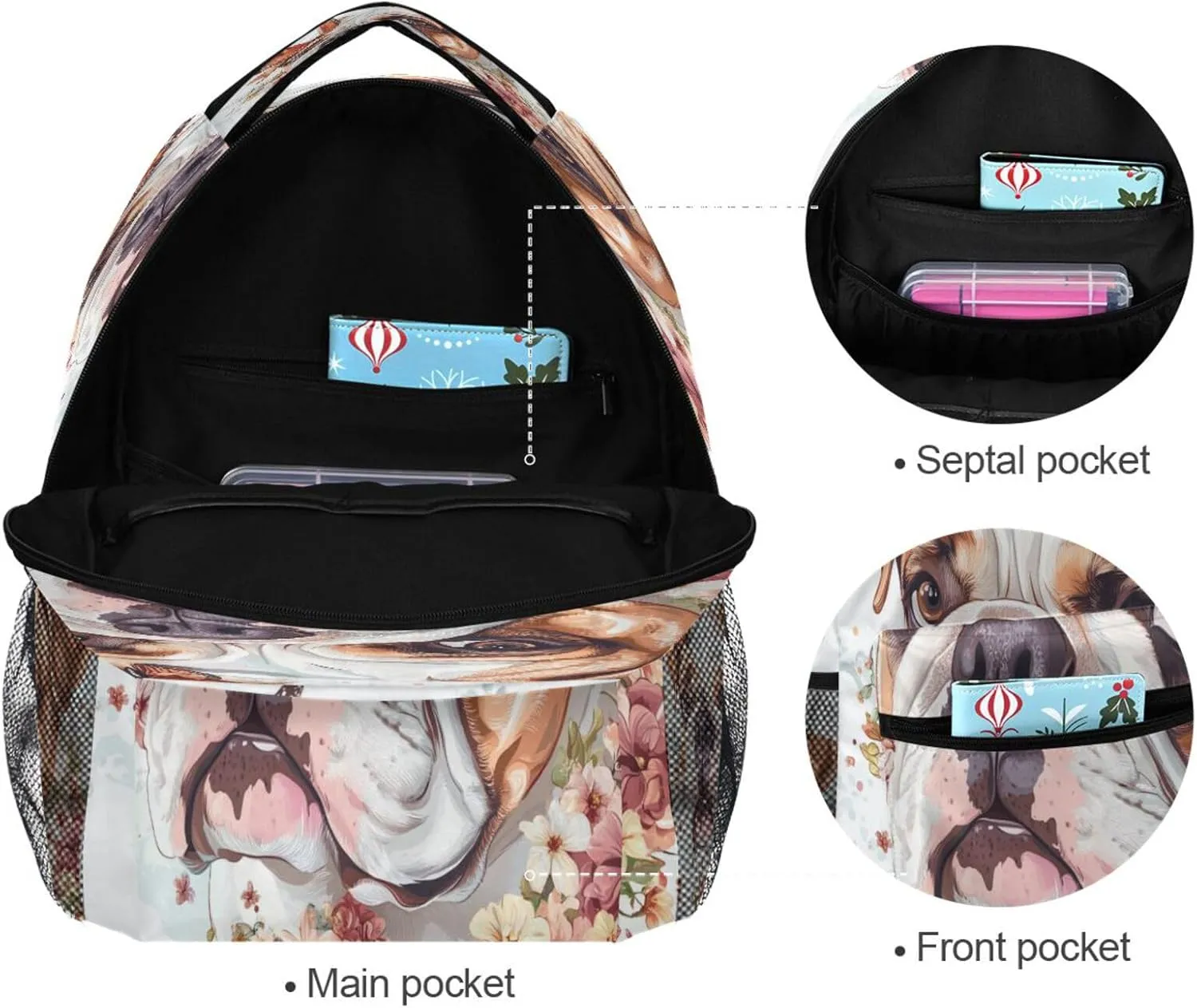 Day Backpack for Unisex Adult Waterproof School Bag with Chest Strap for College Work Art Bulldog Dogs White