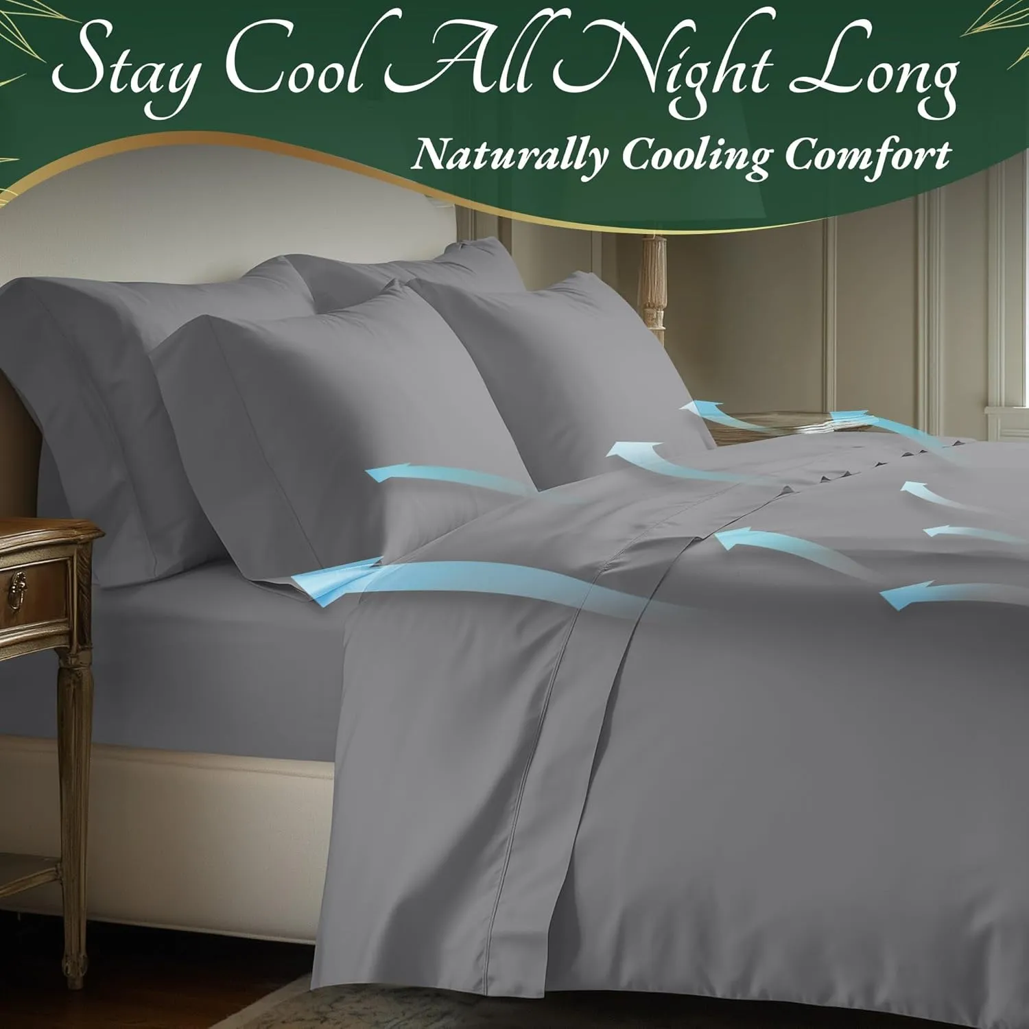 DECOLURE 100% Organic Viscose Derived from Bamboo Sheets King Size 6pcs - Ultra Soft & Luxuriously Cooling, 17" Deep Pocket, Double Stitching, Perfect for Hot Sleepers - King Bed Sheets (Midgrey)