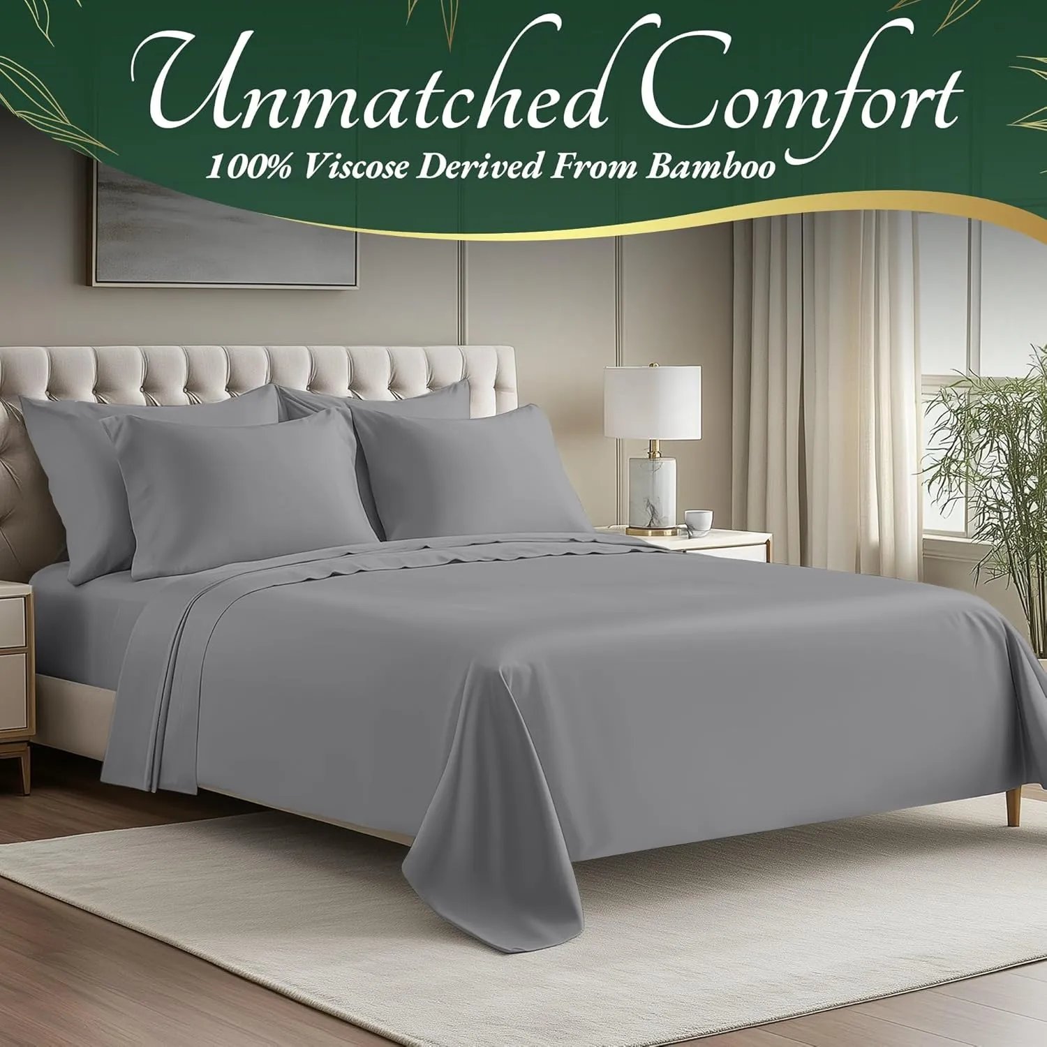 DECOLURE 100% Organic Viscose Derived from Bamboo Sheets King Size 6pcs - Ultra Soft & Luxuriously Cooling, 17" Deep Pocket, Double Stitching, Perfect for Hot Sleepers - King Bed Sheets (Midgrey)