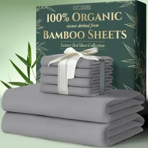 DECOLURE 100% Organic Viscose Derived from Bamboo Sheets King Size 6pcs - Ultra Soft & Luxuriously Cooling, 17" Deep Pocket, Double Stitching, Perfect for Hot Sleepers - King Bed Sheets (Midgrey)
