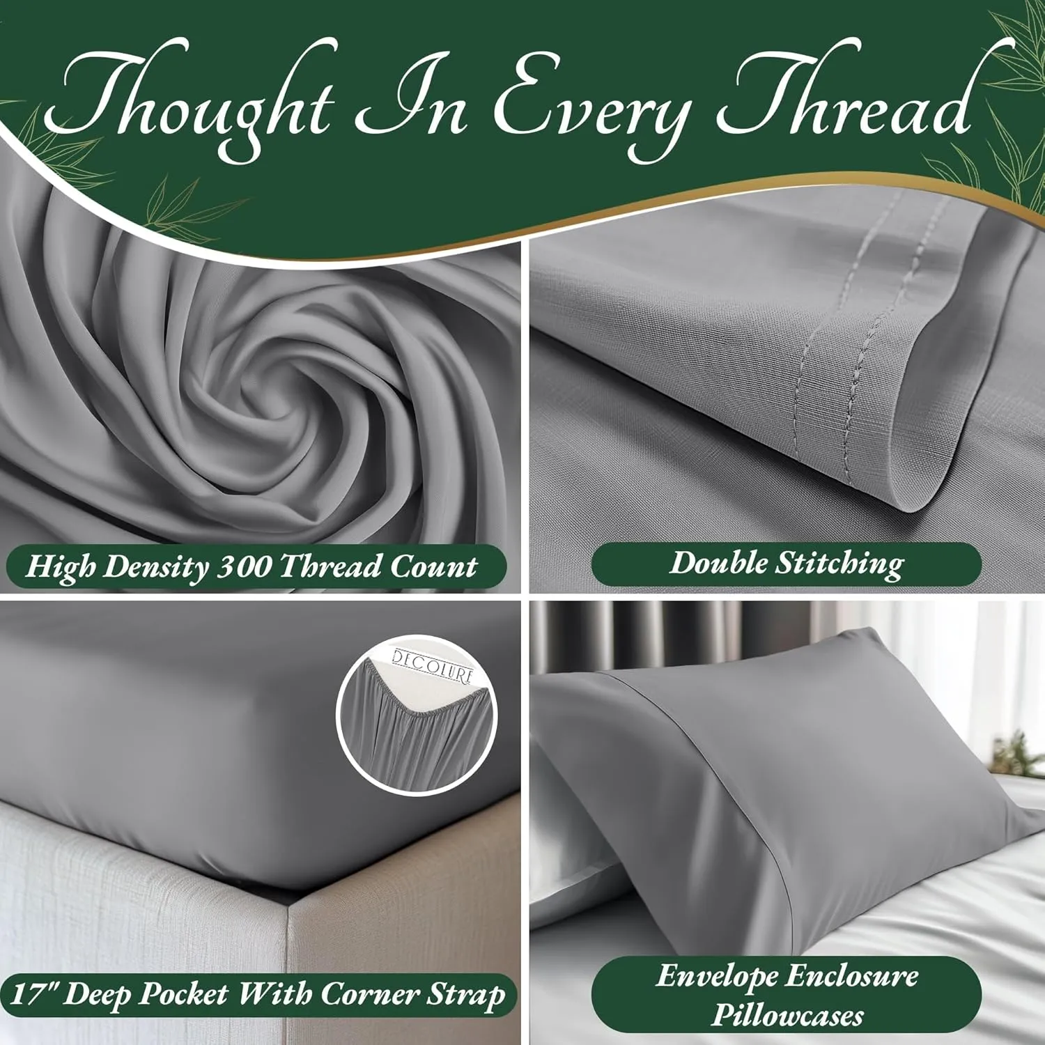 DECOLURE 100% Organic Viscose Derived from Bamboo Sheets King Size 6pcs - Ultra Soft & Luxuriously Cooling, 17" Deep Pocket, Double Stitching, Perfect for Hot Sleepers - King Bed Sheets (Midgrey)