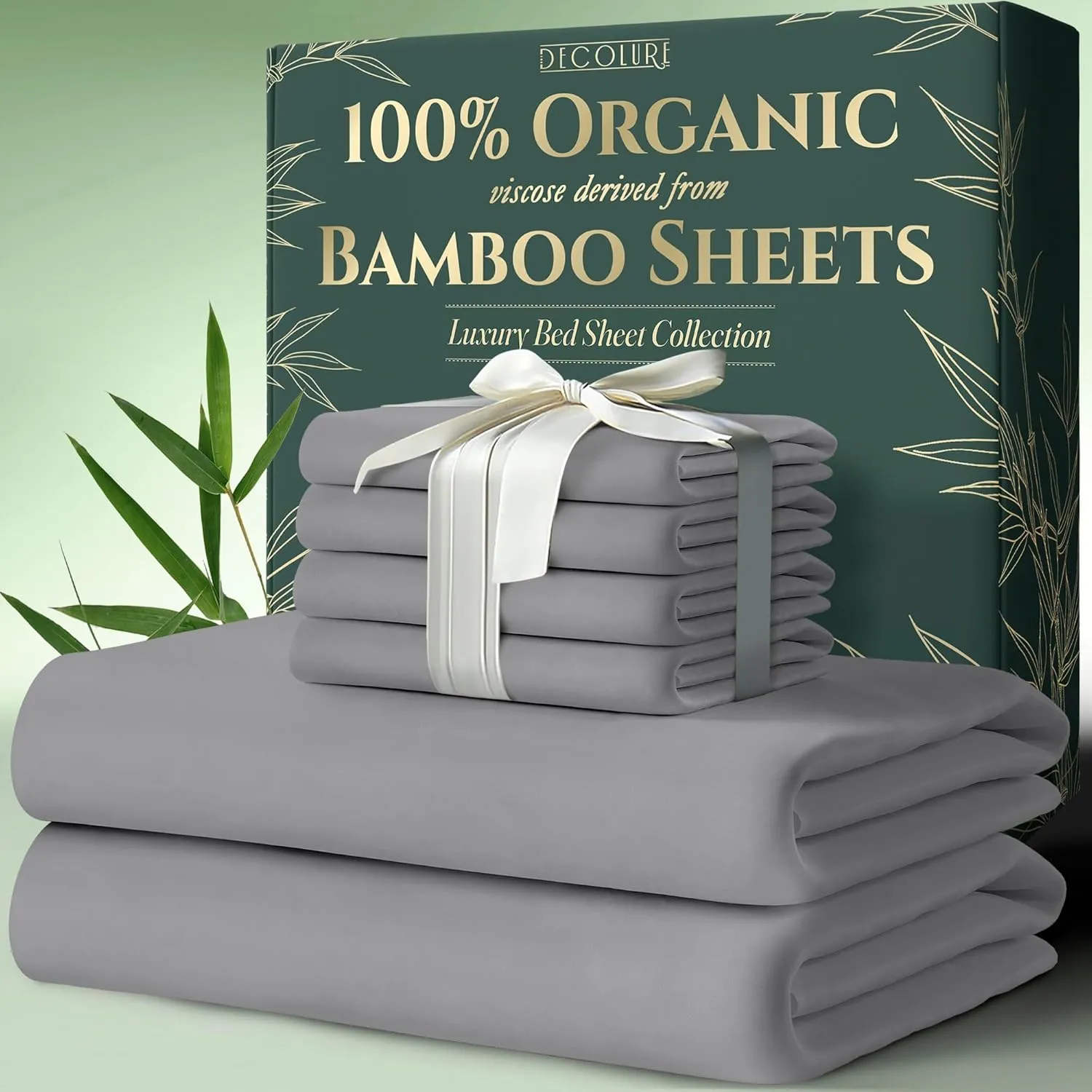 DECOLURE 100% Organic Viscose Derived from Bamboo Sheets King Size 6pcs - Ultra Soft & Luxuriously Cooling, 17" Deep Pocket, Double Stitching, Perfect for Hot Sleepers - King Bed Sheets (Midgrey)