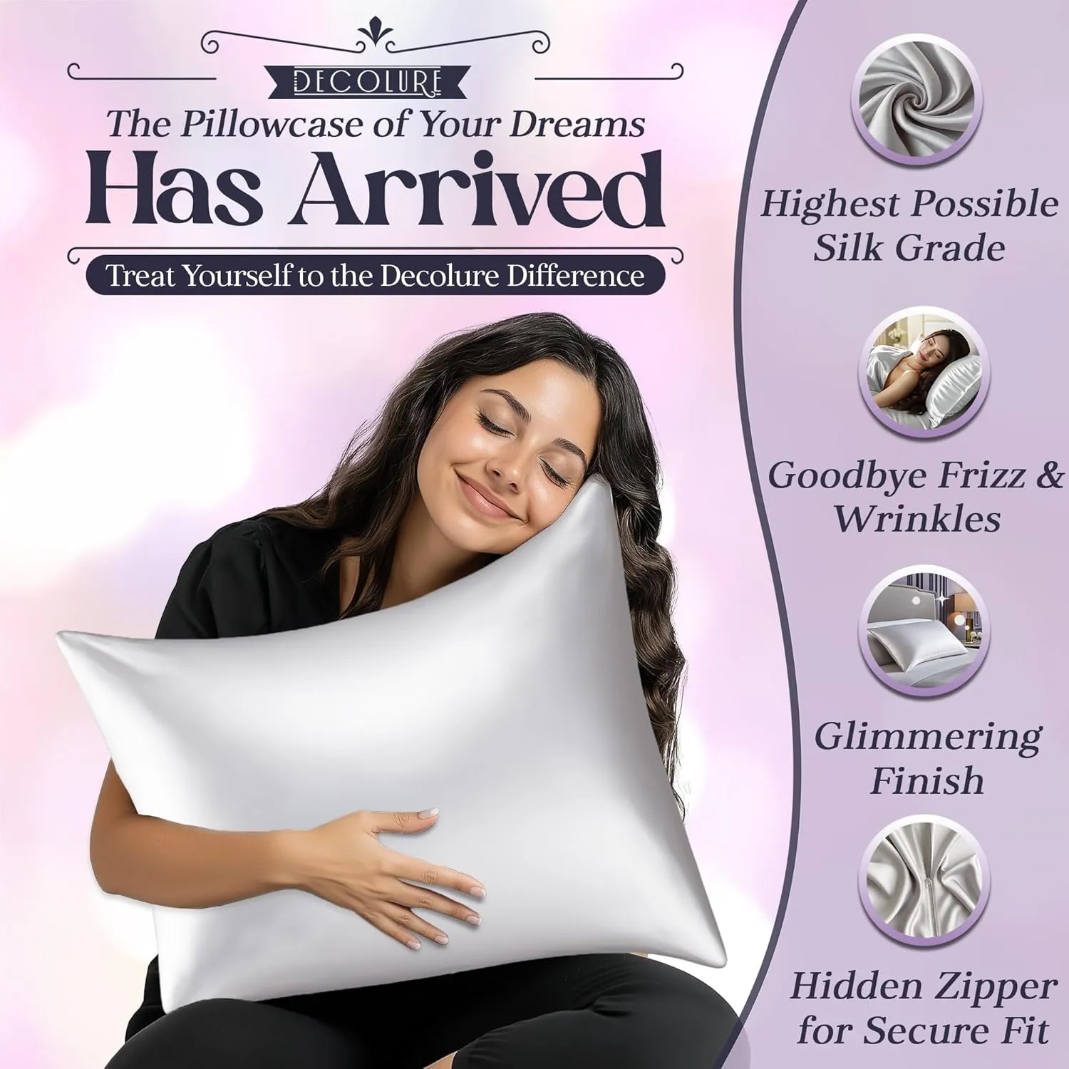 DECOLURE 100% Pure Mulberry Silk Pillow Case King Size – Highest Grade 30 Momme 6A , Luxuriously Soft & Cooling Silk Pillowcase for Hair & Skin, Hypoallergenic, Breathable, Hidden Zipper (White)