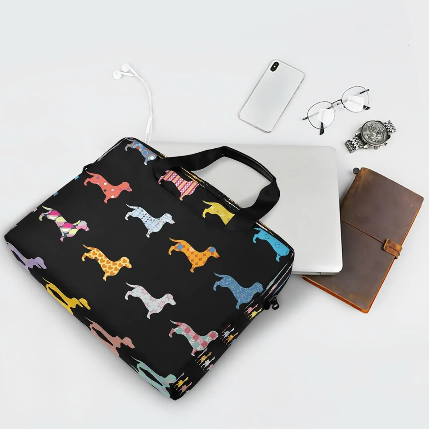Decorative Dogs Dachshund And Double Exposure Laptop Messenger Bag Case Sleeve Crossbody Briefcase for Men Women with Shoulder Strap Handle 13 14 15.6 inch