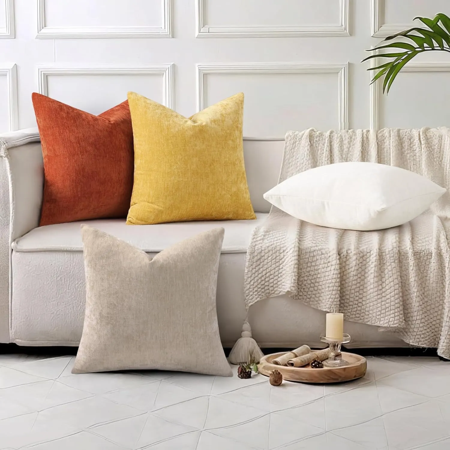 decorUhome Couch Throw Pillow Covers 24X24 Set of 2, Decorative Soft Neutral Chenille Solid Dyed Square Pillow Covers for Sofa Bed Living Room, Bleached Sand