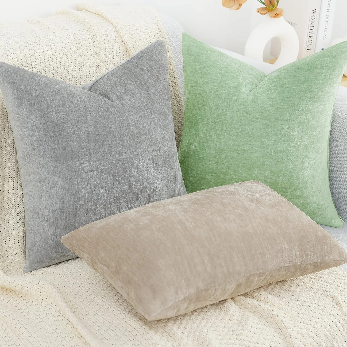 decorUhome Couch Throw Pillow Covers 24X24 Set of 2, Decorative Soft Neutral Chenille Solid Dyed Square Pillow Covers for Sofa Bed Living Room, Bleached Sand