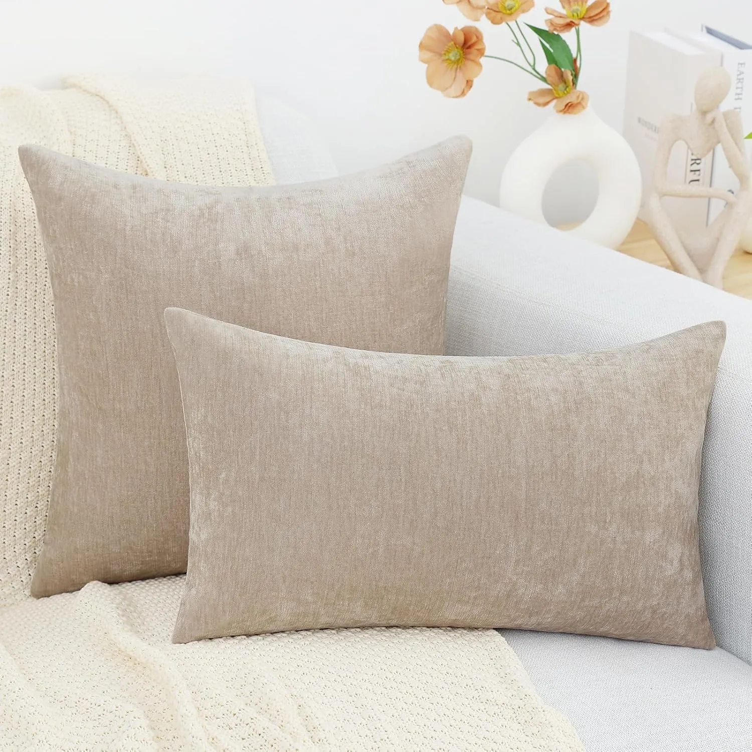 decorUhome Couch Throw Pillow Covers 24X24 Set of 2, Decorative Soft Neutral Chenille Solid Dyed Square Pillow Covers for Sofa Bed Living Room, Bleached Sand