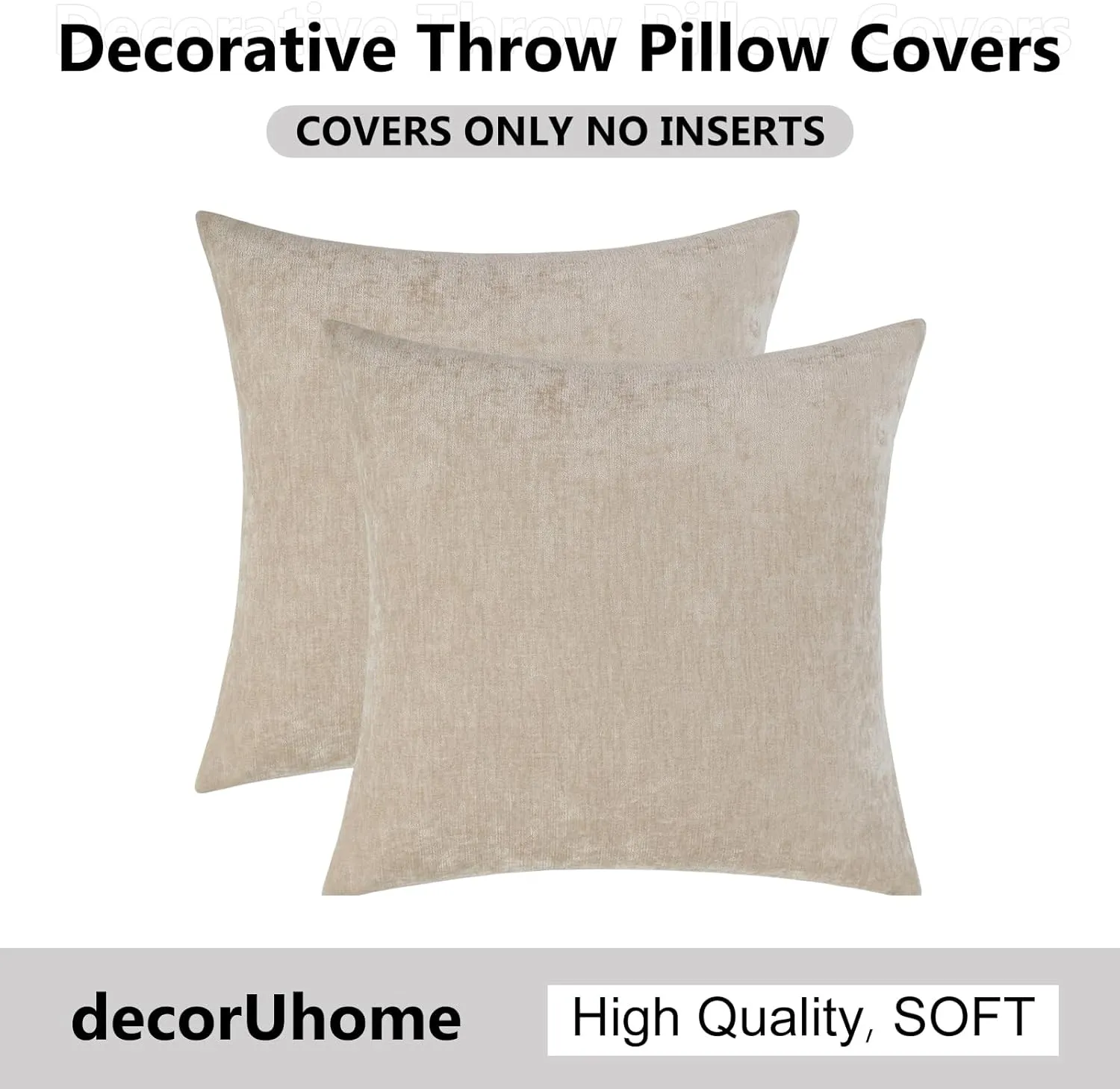 decorUhome Couch Throw Pillow Covers 24X24 Set of 2, Decorative Soft Neutral Chenille Solid Dyed Square Pillow Covers for Sofa Bed Living Room, Bleached Sand