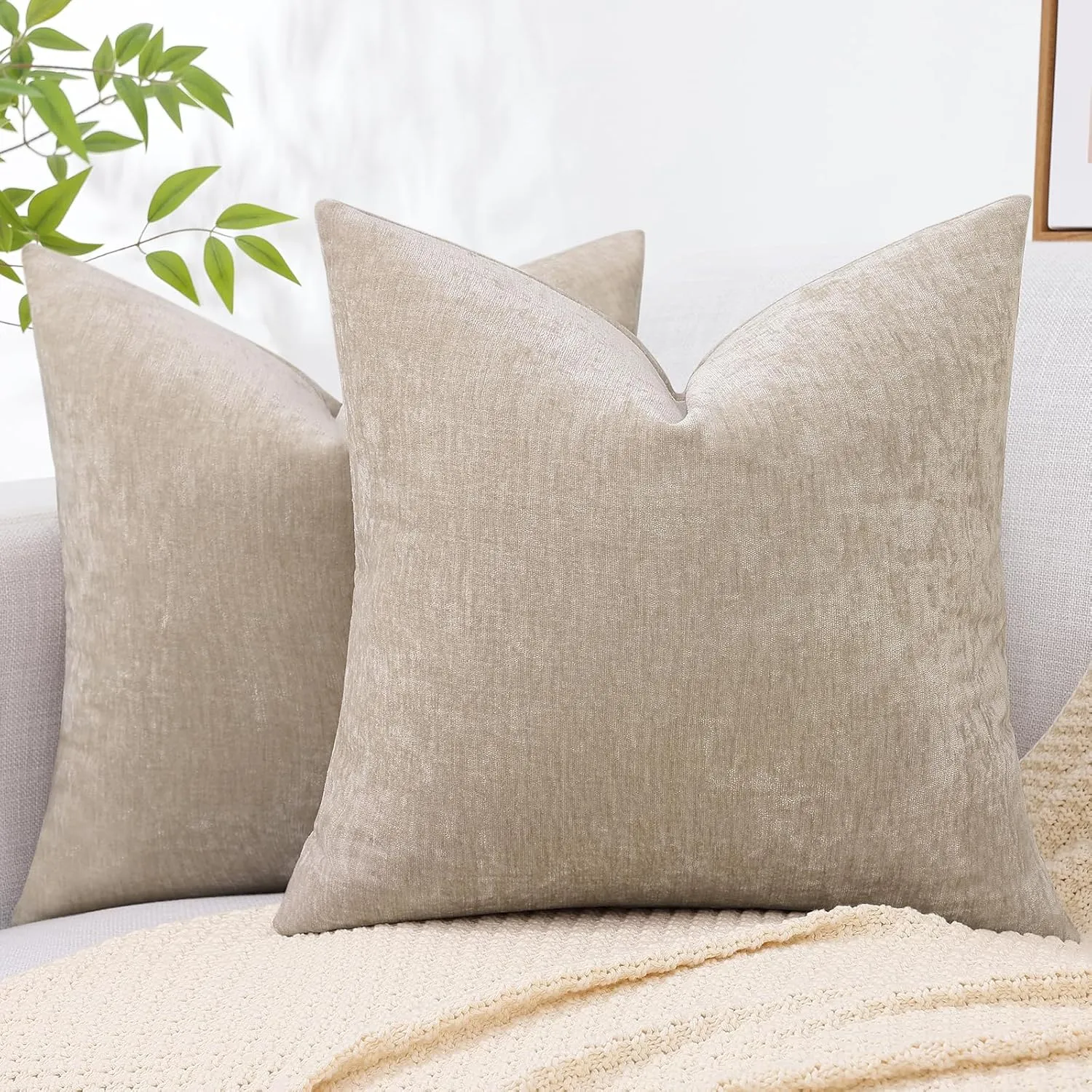 decorUhome Couch Throw Pillow Covers 24X24 Set of 2, Decorative Soft Neutral Chenille Solid Dyed Square Pillow Covers for Sofa Bed Living Room, Bleached Sand