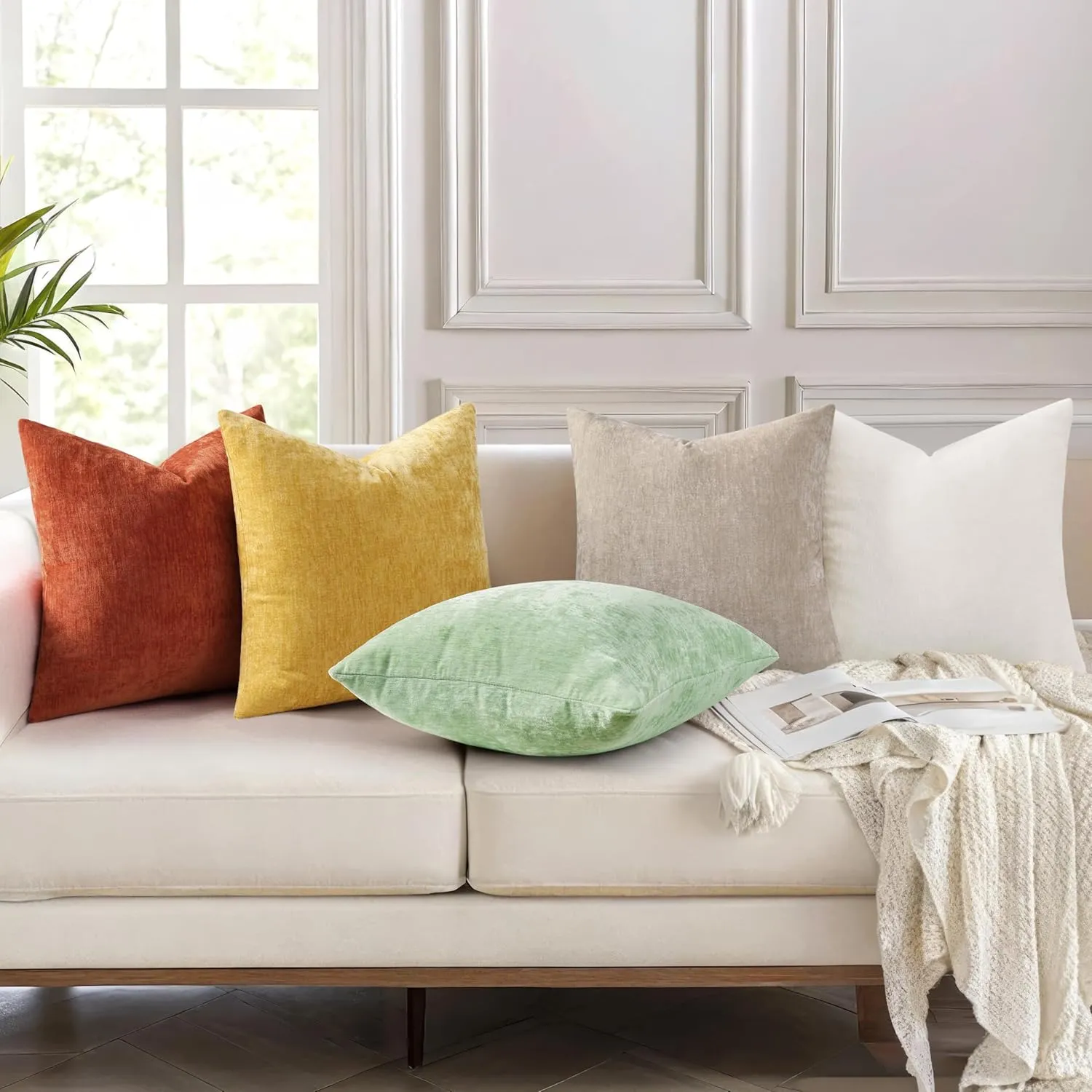 decorUhome Couch Throw Pillow Covers 24X24 Set of 2, Decorative Soft Neutral Chenille Solid Dyed Square Pillow Covers for Sofa Bed Living Room, Bleached Sand