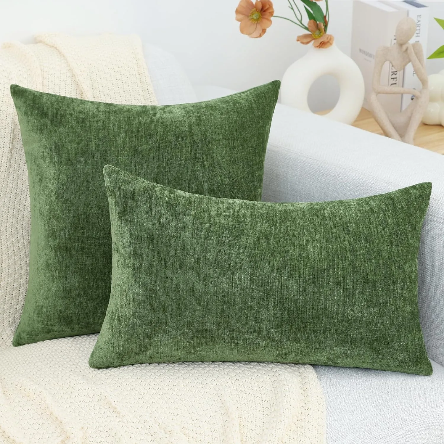 decorUhome Couch Throw Pillow Covers 24X24 Set of 2, Decorative Soft Neutral Chenille Solid Dyed Square Pillow Covers for Sofa Bed Living Room, Moss Green