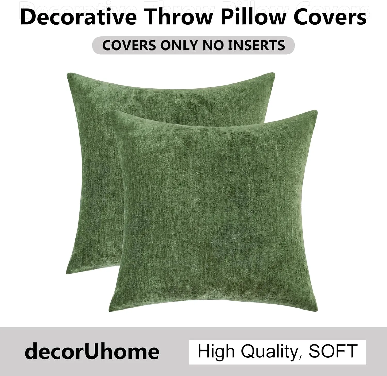 decorUhome Couch Throw Pillow Covers 24X24 Set of 2, Decorative Soft Neutral Chenille Solid Dyed Square Pillow Covers for Sofa Bed Living Room, Moss Green